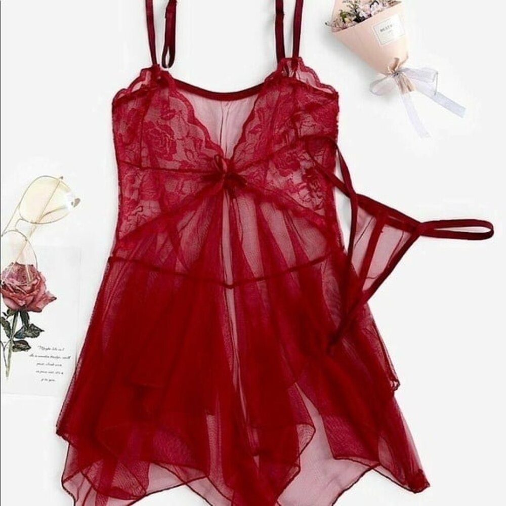 Sheer Burgundy Lace Babydoll Lingerie Set W/ Adjustable Straps & Matching Thong